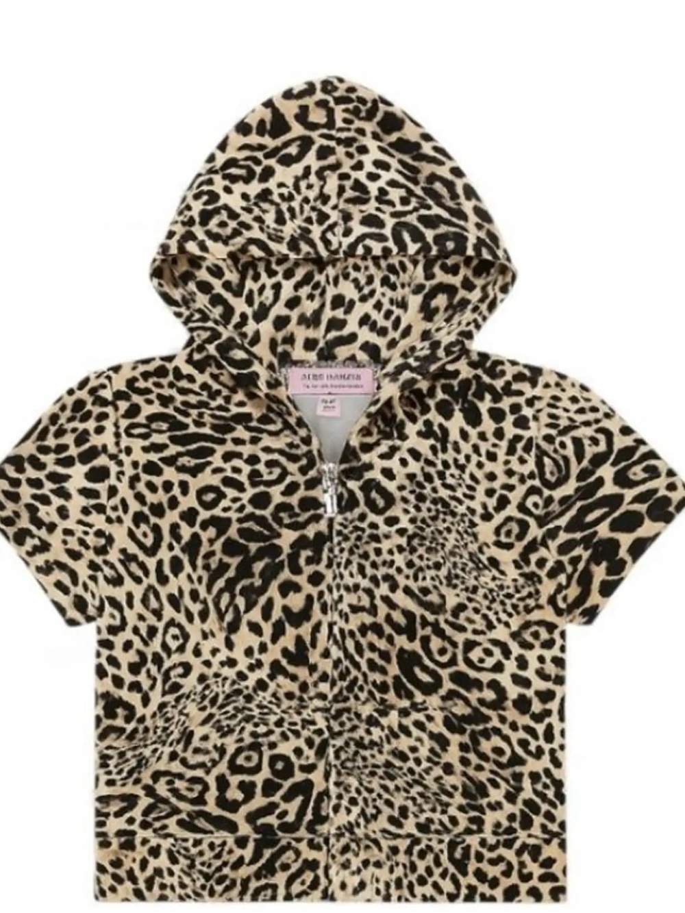 Leopard Print Short Sleeve Hooded Zip Top - Beige & Black